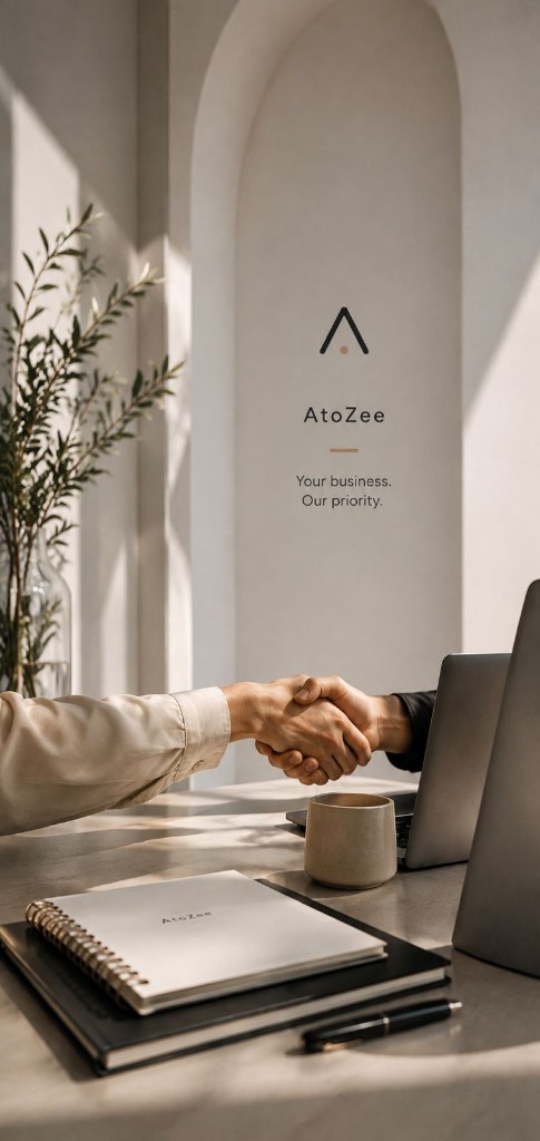 Two partners shaking hands across an AtoZee-branded desk